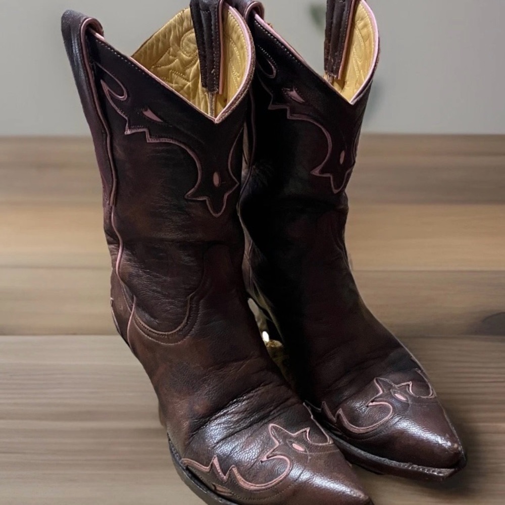 Old Gringo Dark Brown and Pink Embroidered Cowboy Boots